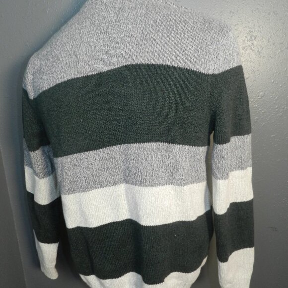 Chaps Mens Dark Green Grey And White Long Sleeve Stripped Sweater Size Medium - Picture 4 of 5